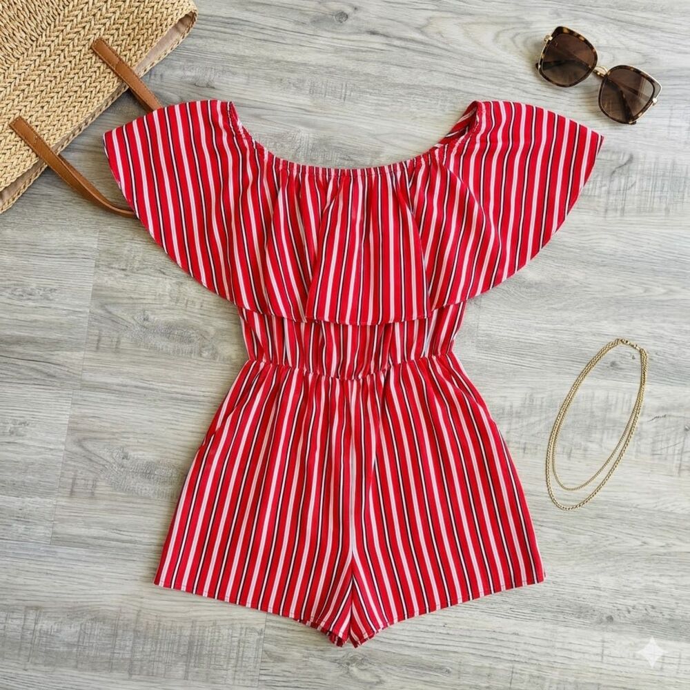 Soprano Nautical Red Striped Off Shoulder Romper Size S Coastal Chic - Picture 2 of 7